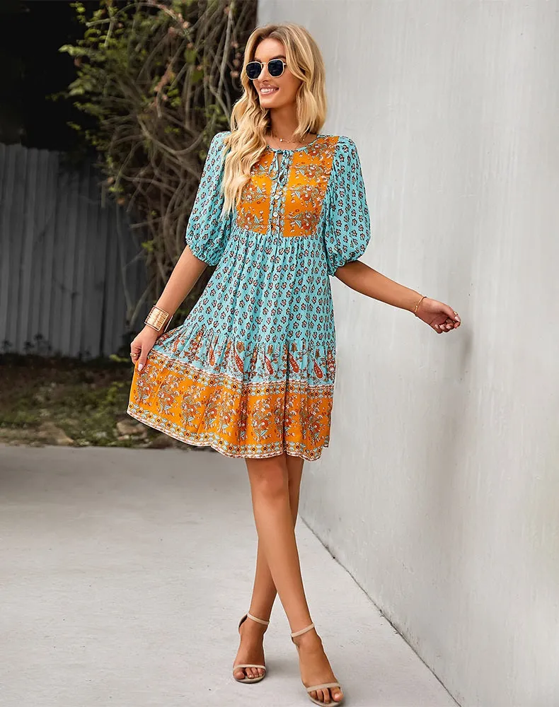 2023 Bohemian Dream Turquoise Floral Print Tie Neck Puffed Sleeve Dress - Spring Collection