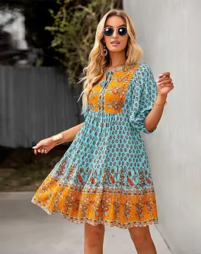 2023 Bohemian Dream Turquoise Floral Print Tie Neck Puffed Sleeve Dress - Spring Collection