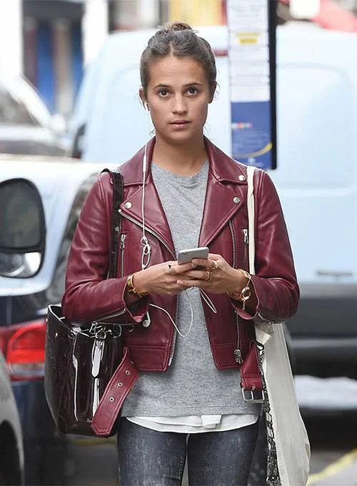 Alicia Vikander Maroon Leather Jacket - Famous Jackets