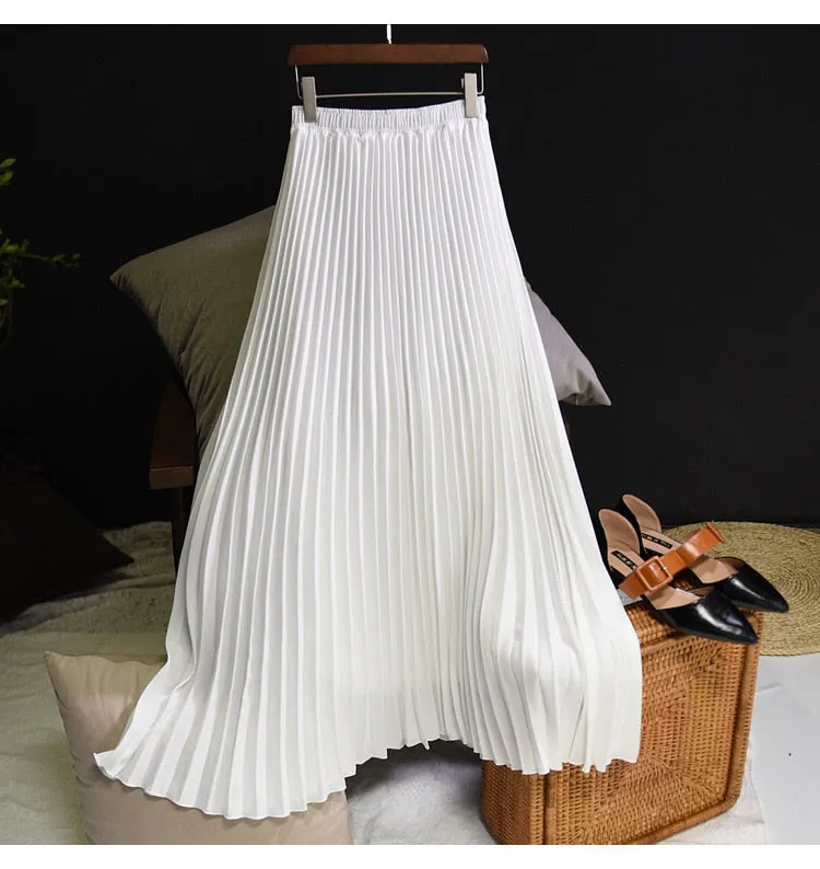 Autumn Winter Elegant Pleated Long Solid High Waist A-Line Maxi Skirt