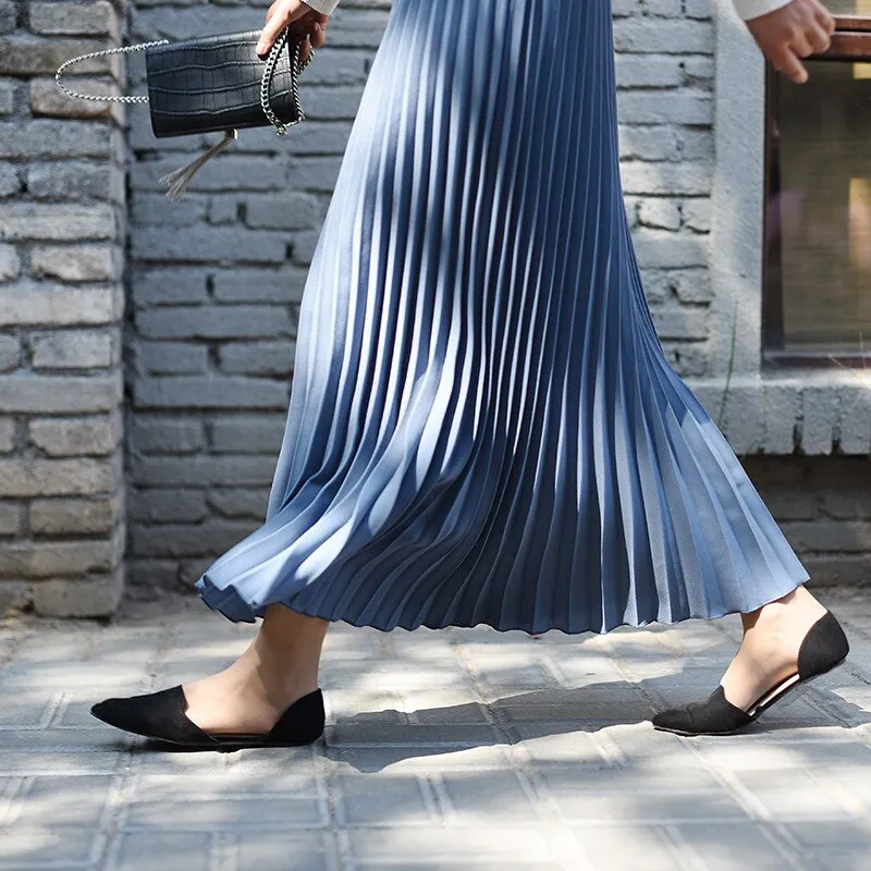 Autumn Winter Elegant Pleated Long Solid High Waist A-Line Maxi Skirt