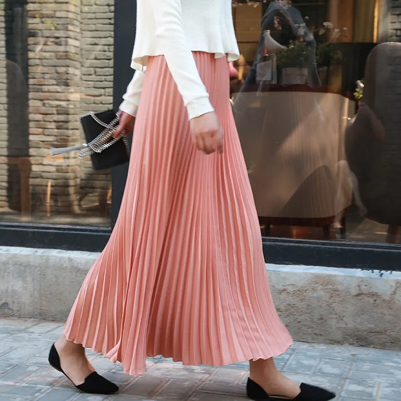 Autumn Winter Elegant Pleated Long Solid High Waist A-Line Maxi Skirt