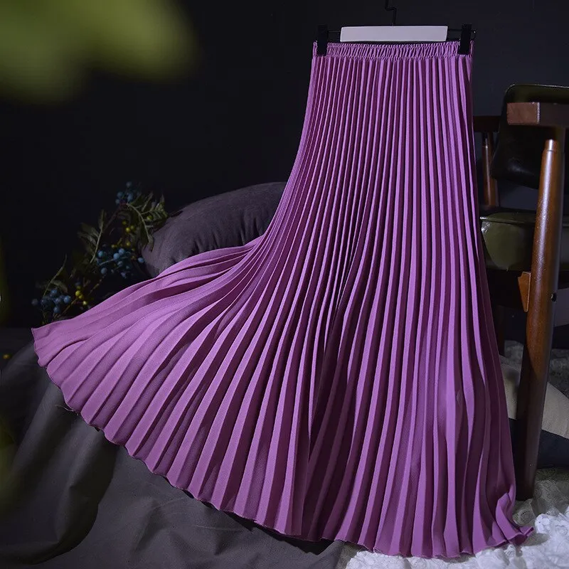 Autumn Winter Elegant Pleated Long Solid High Waist A-Line Maxi Skirt