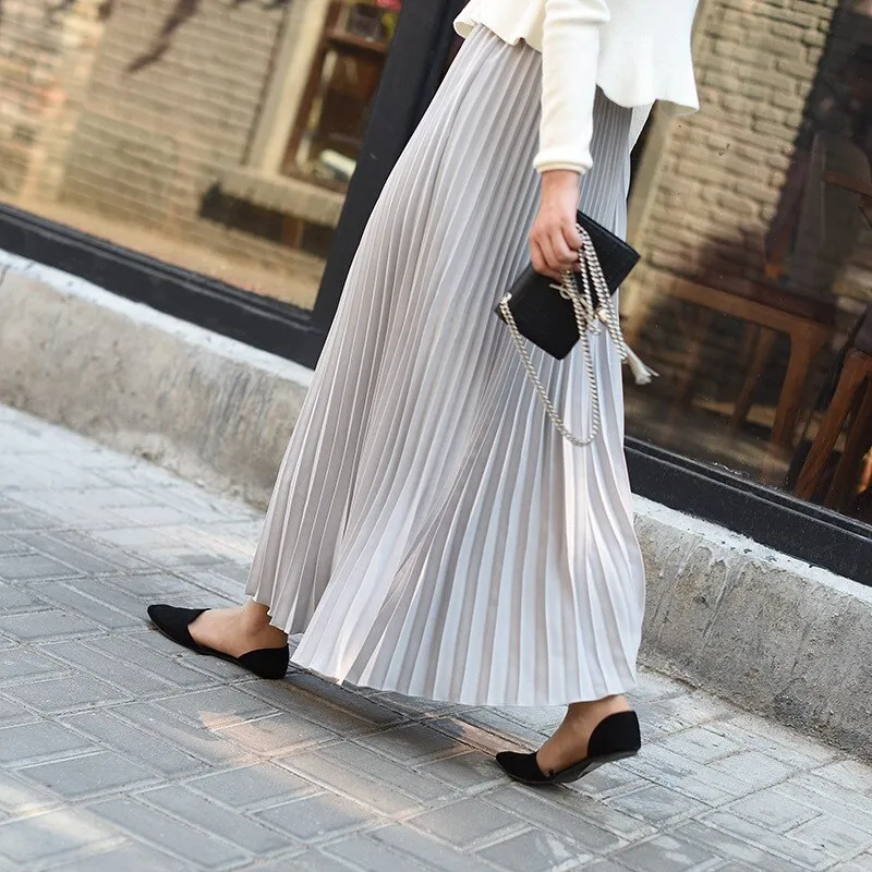 Autumn Winter Elegant Pleated Long Solid High Waist A-Line Maxi Skirt