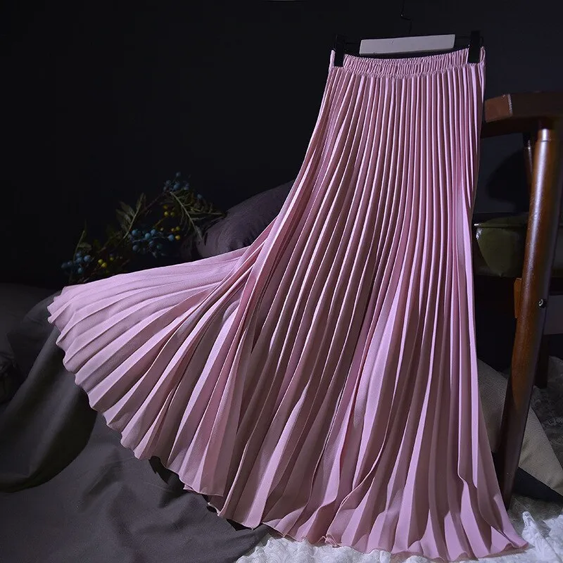 Autumn Winter Elegant Pleated Long Solid High Waist A-Line Maxi Skirt