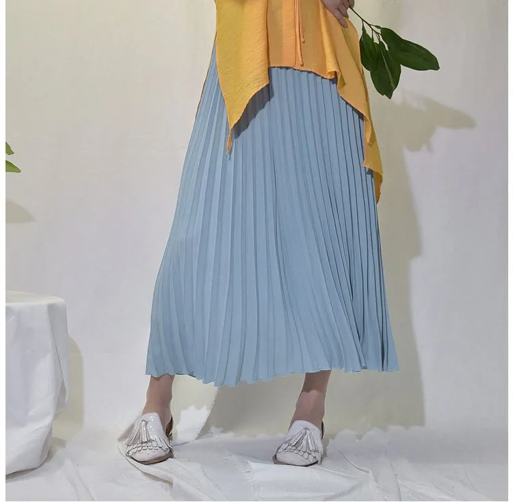 Autumn Winter Elegant Pleated Long Solid High Waist A-Line Maxi Skirt