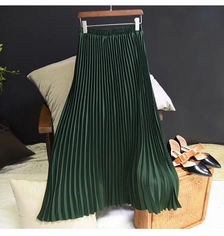 Autumn Winter Elegant Pleated Long Solid High Waist A-Line Maxi Skirt