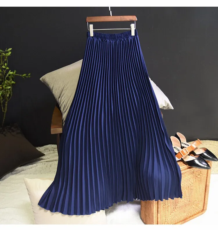 Autumn Winter Elegant Pleated Long Solid High Waist A-Line Maxi Skirt