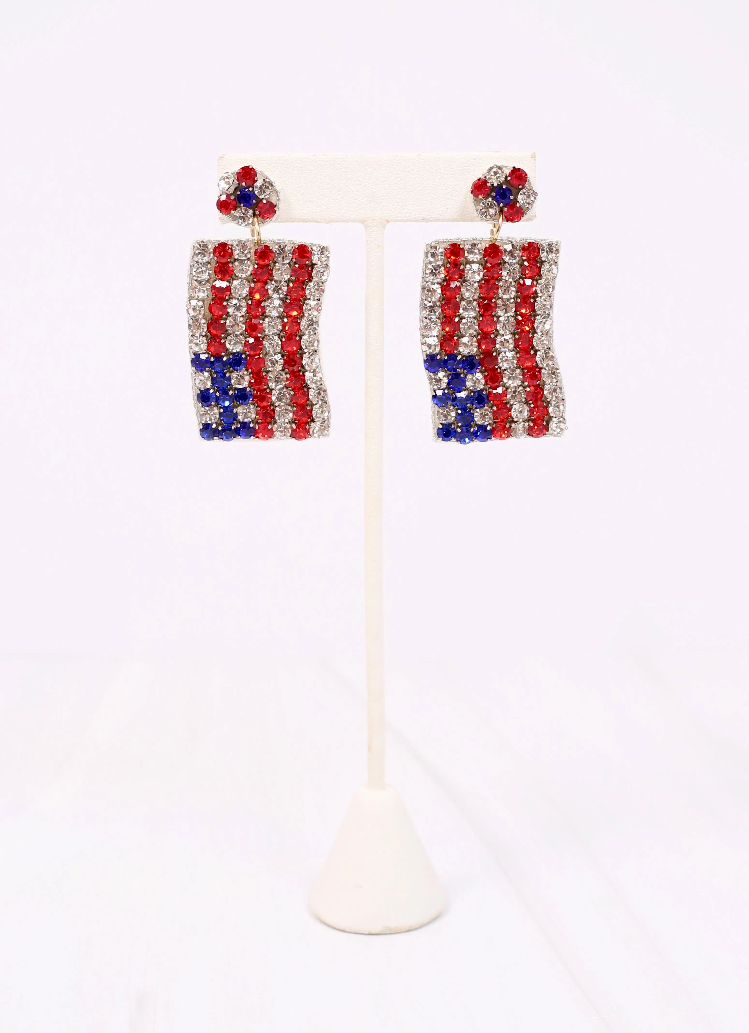 Beautiful Bejeweled Flag Earring RED WHITE BLUE