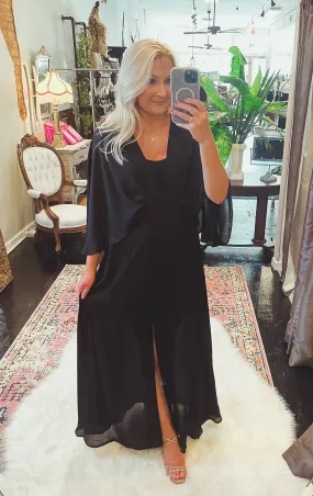 Black Crinkle Solid Cape Maxi Dress