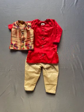 Boy's red Paithani kurta pyjama with premium paithani jacket