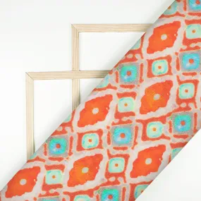 Burnt Orange And Sky Blue Trellis Pattern Digital Print Viscose Muslin Fabric