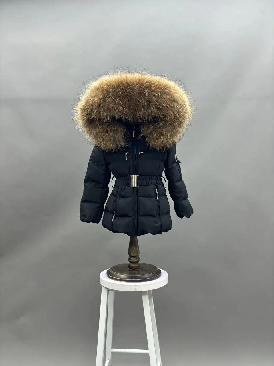 Childrens Black Luxury Fur Padded Belted Coat