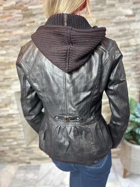 Faux leather Jacket with knit Cap - (801108)-BRN/CHOCO