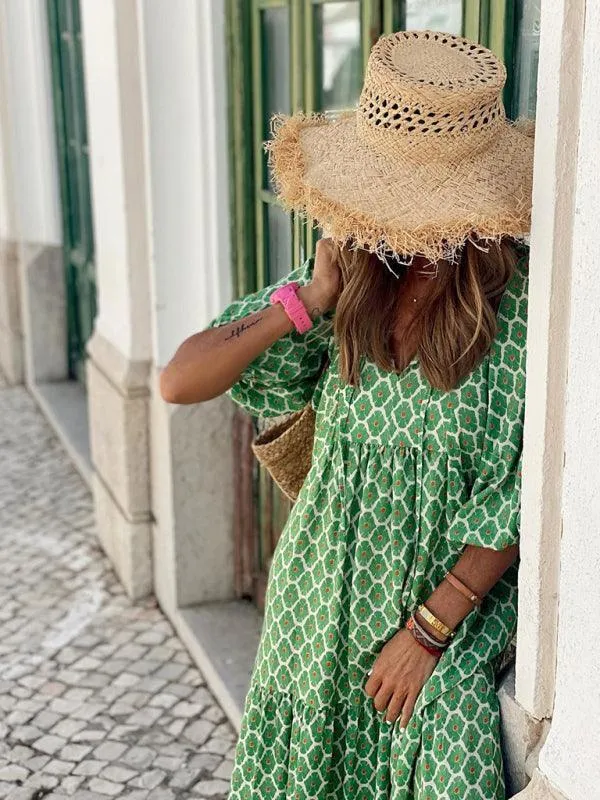 Geometric Puff-Sleeve Maxi Dress