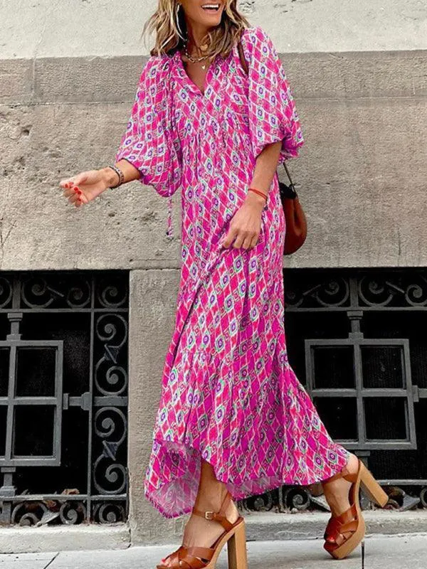 Geometric Puff-Sleeve Maxi Dress