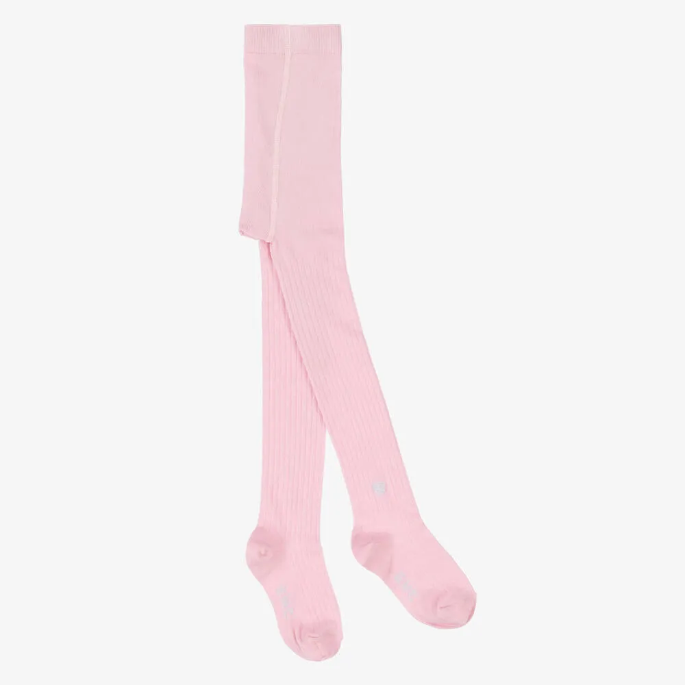 Girls Pink Ribbed Cotton Tights