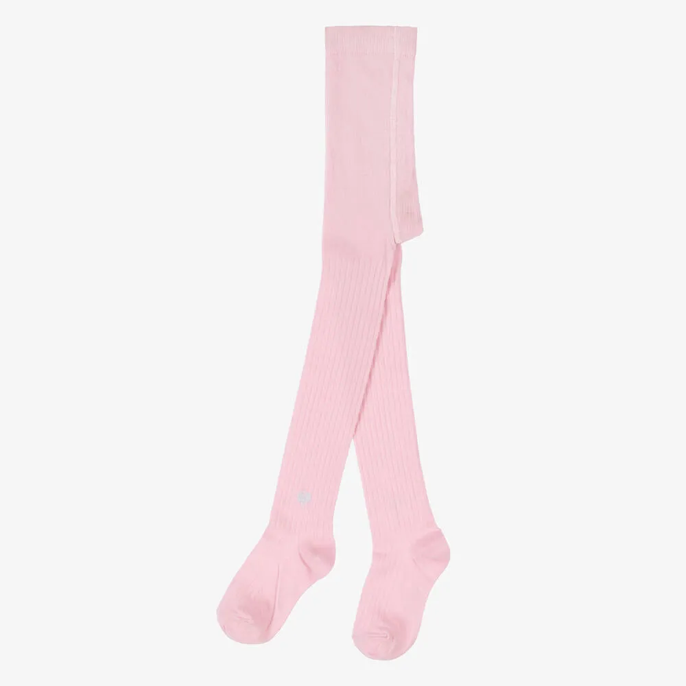 Girls Pink Ribbed Cotton Tights