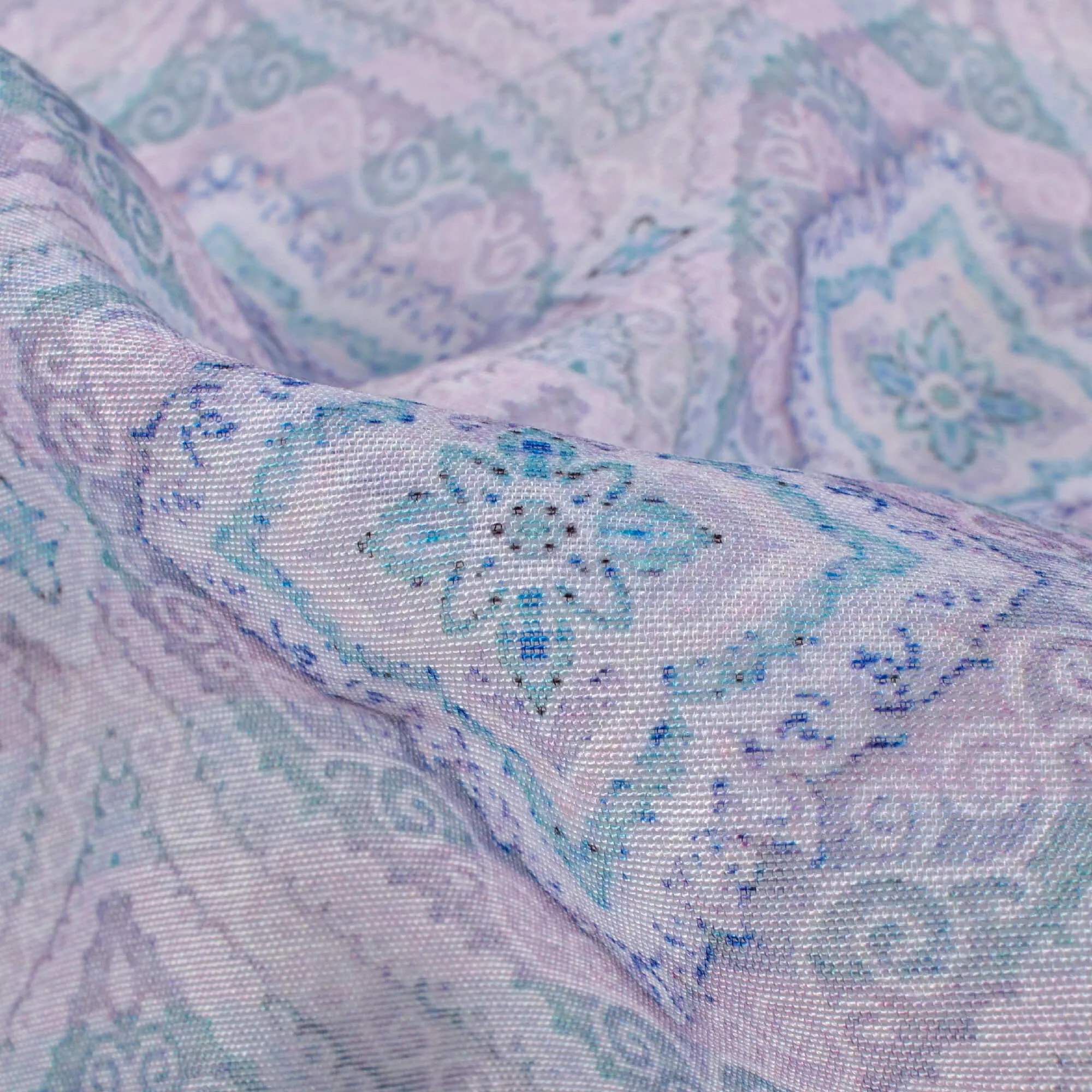 Iris Purple And Teal Blue Trellis Pattern Digital Print Chanderi Fabric