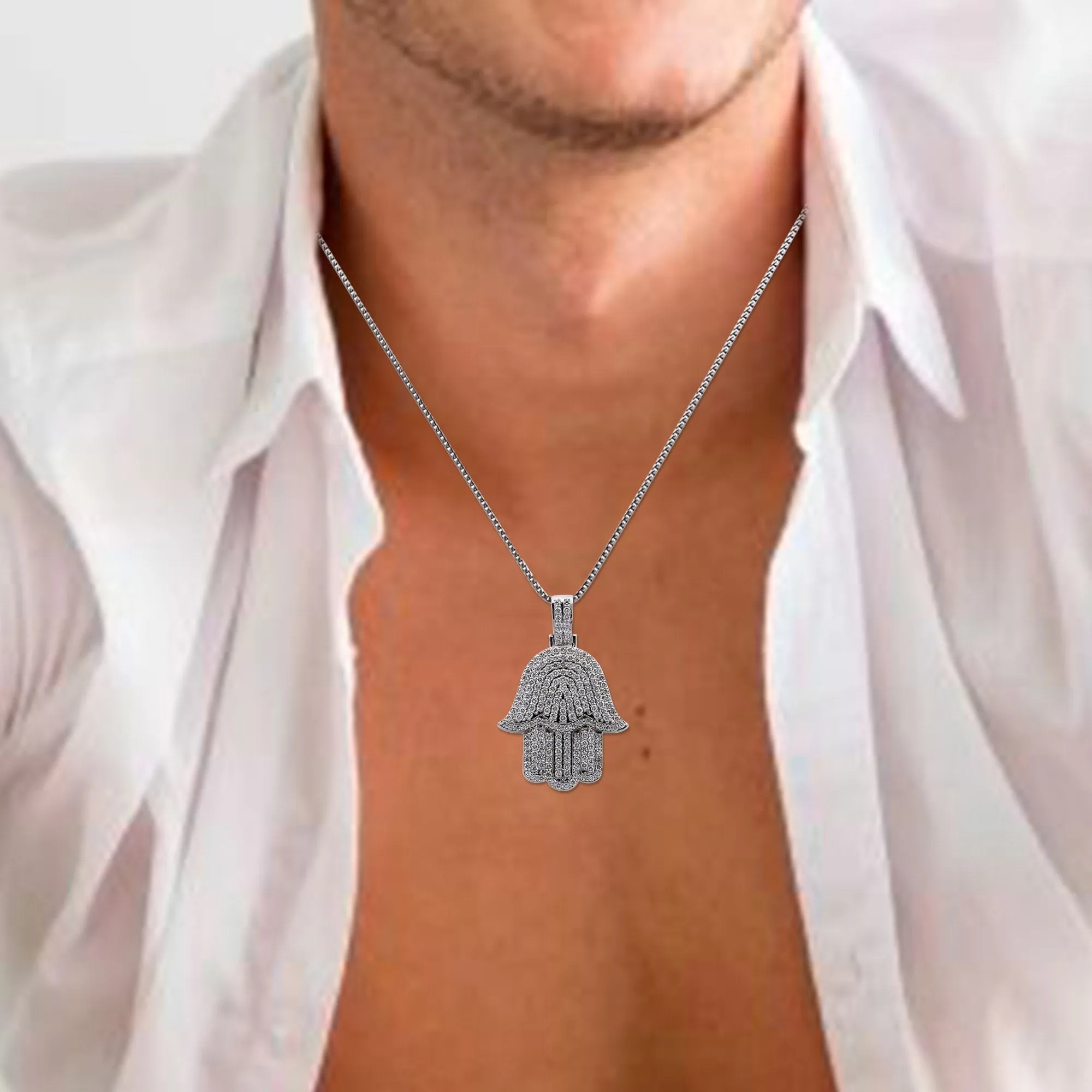 Men's 14K White Gold Hamsa Pendant with 2.95 CT Diamonds