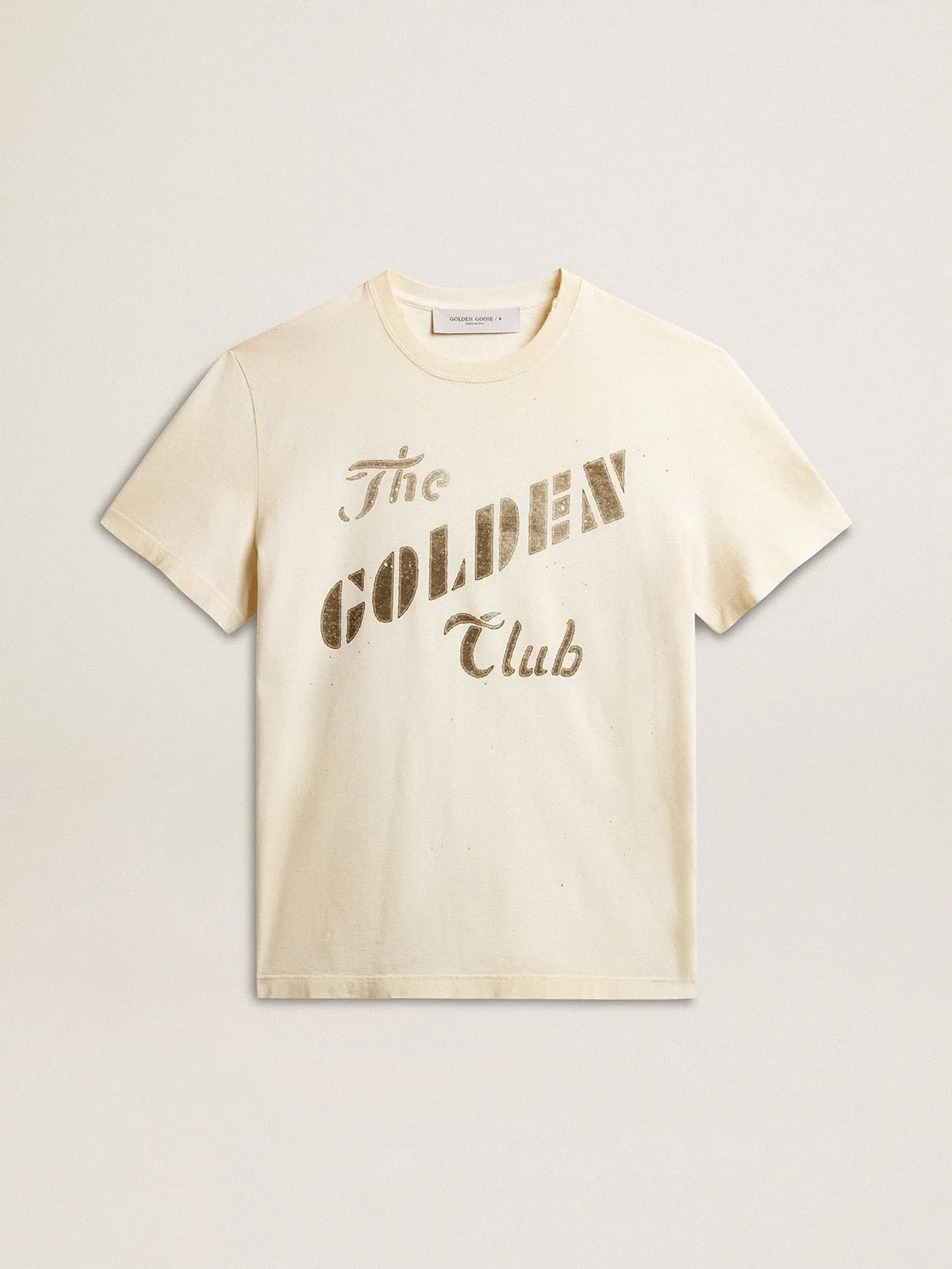 Men's aged white cotton T-shirt with gold print