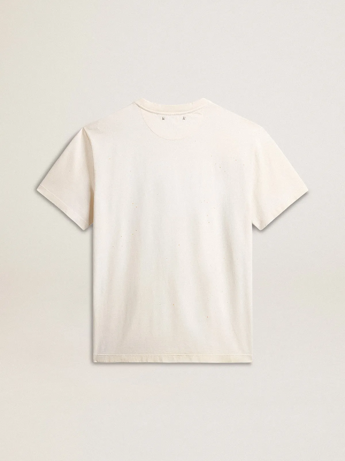 Men's aged white cotton T-shirt with gold print