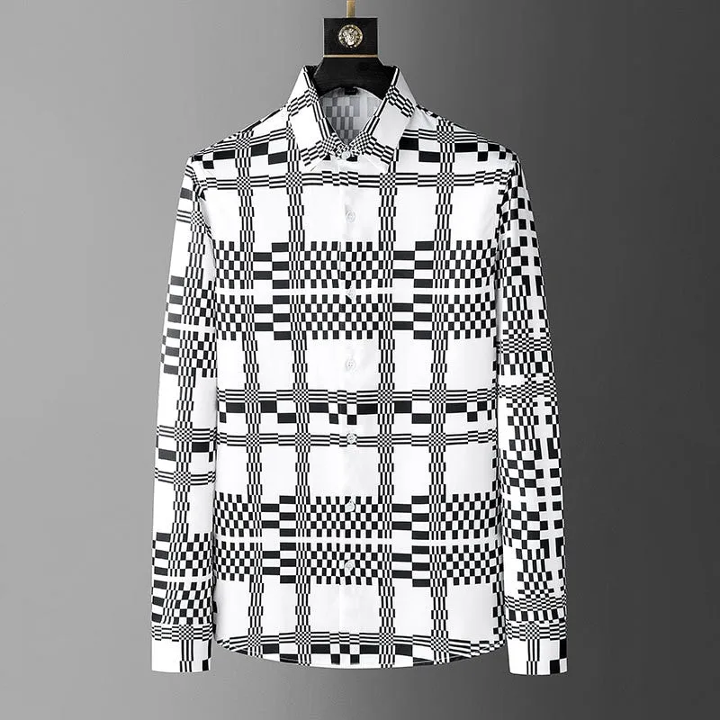 Men's Casual Black White Contrast Grid Print Pattern Long Sleeve Shirt