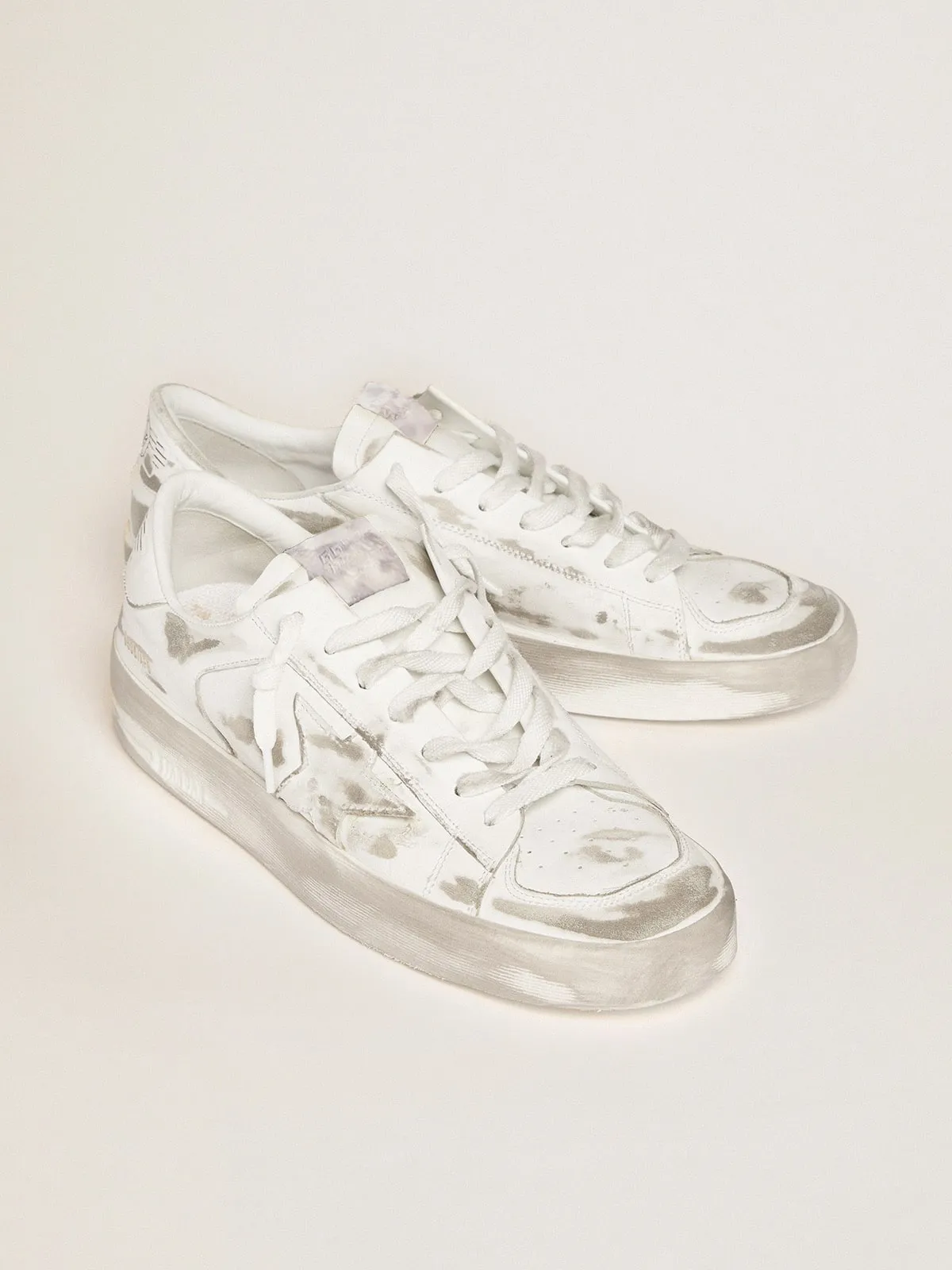 Men's Stardan in white leather with distressed effect