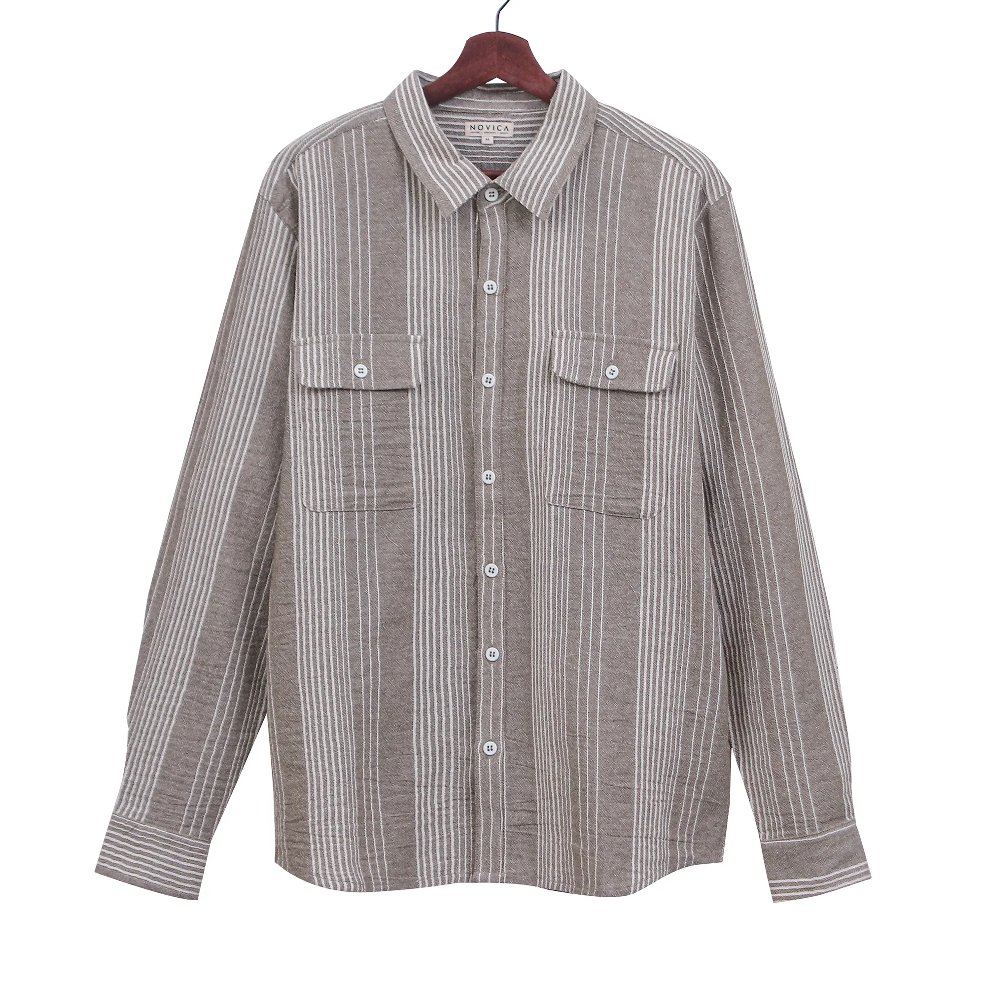 Men's Striped Carob Brown and White Cotton Collared Shirt, 