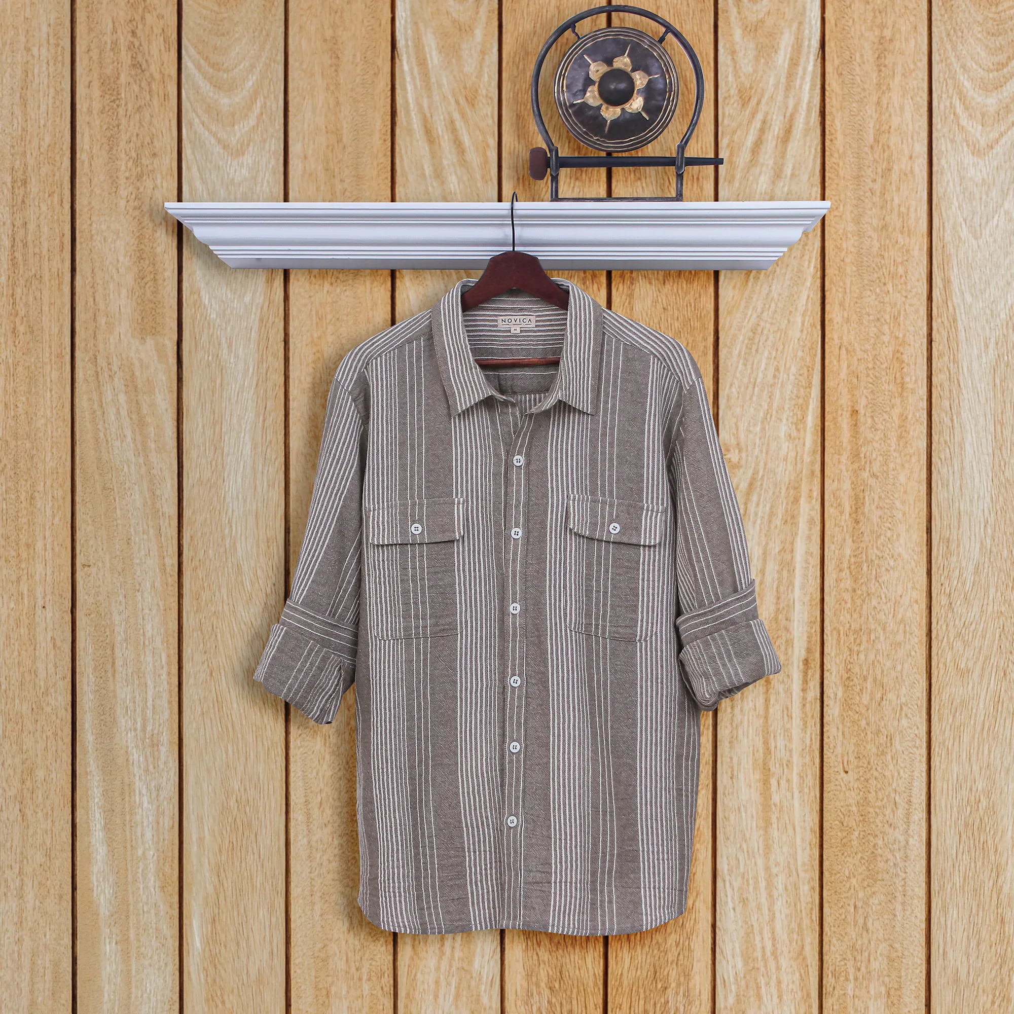 Men's Striped Carob Brown and White Cotton Collared Shirt, 