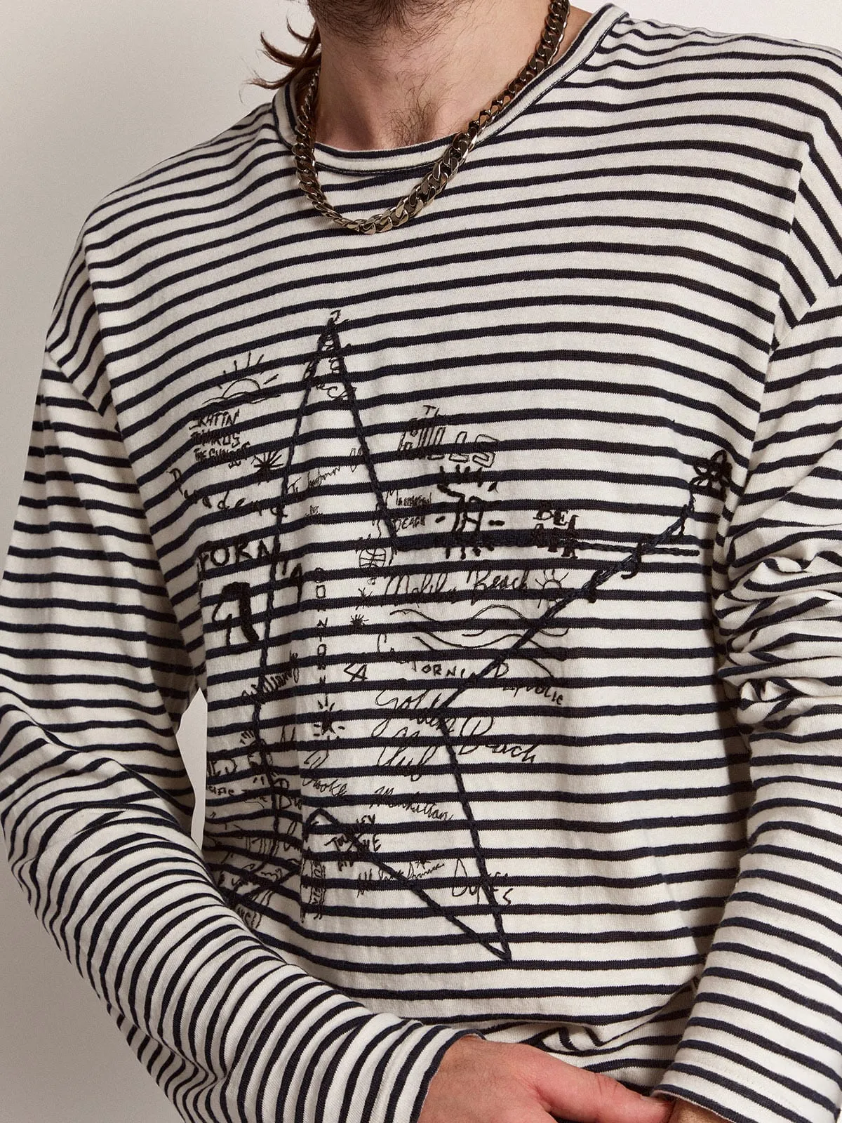 Men's T-shirt with white and blue stripes and embroidery on the front