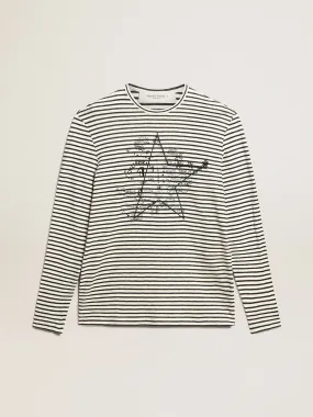 Men's T-shirt with white and blue stripes and embroidery on the front