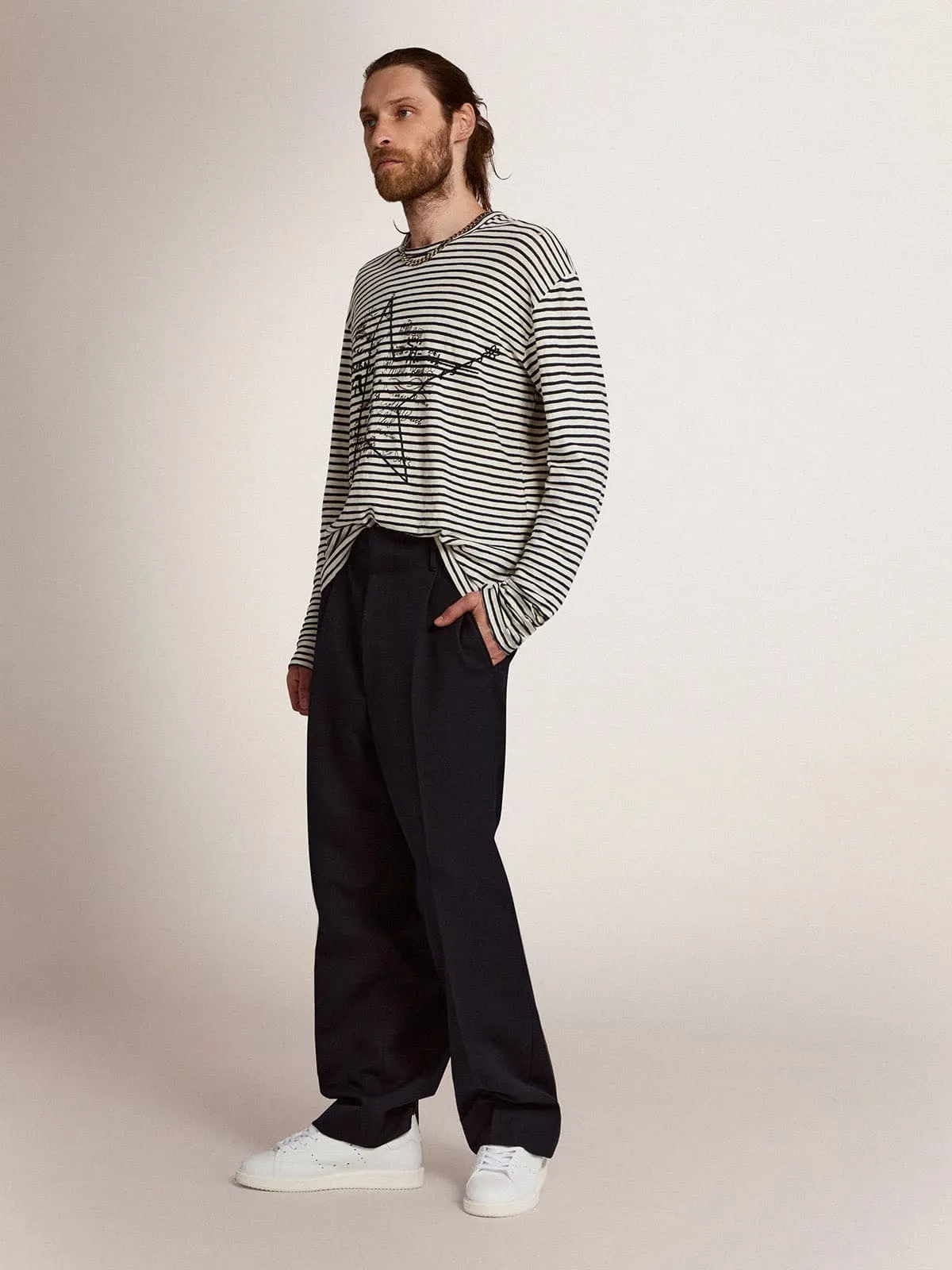 Men's T-shirt with white and blue stripes and embroidery on the front