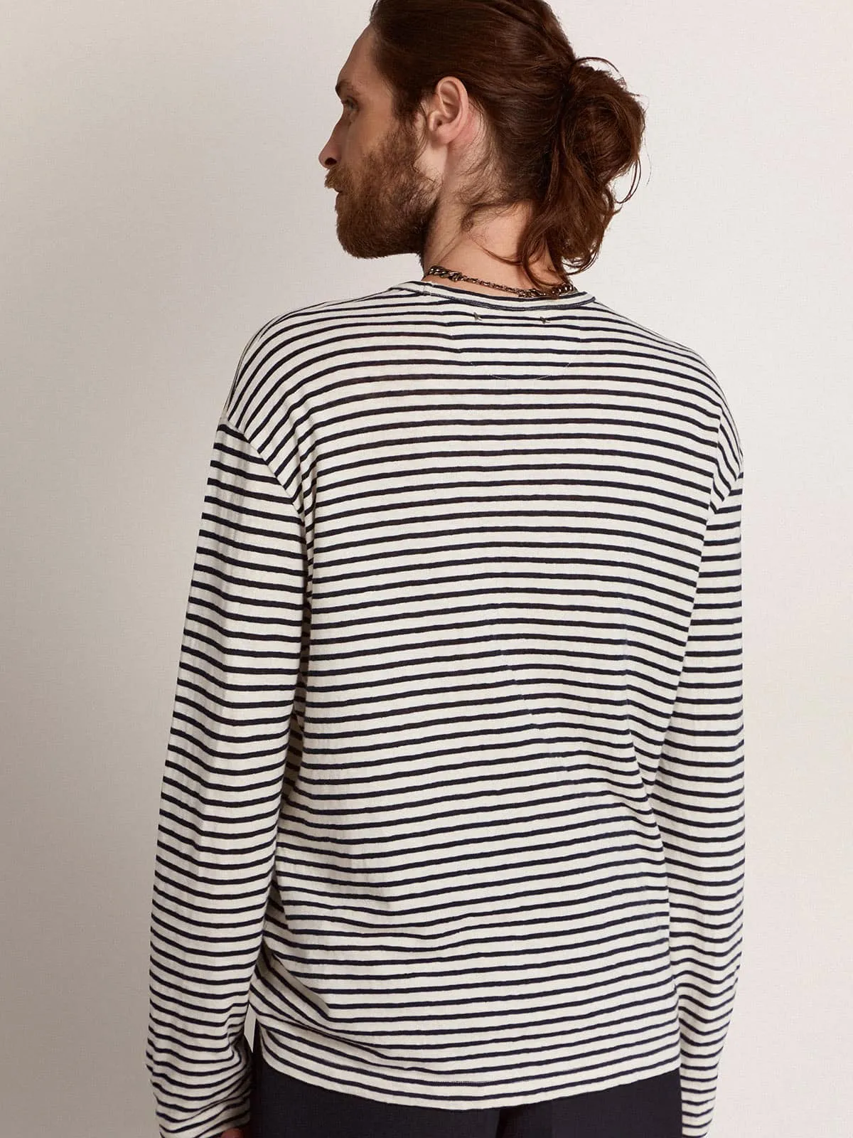 Men's T-shirt with white and blue stripes and embroidery on the front