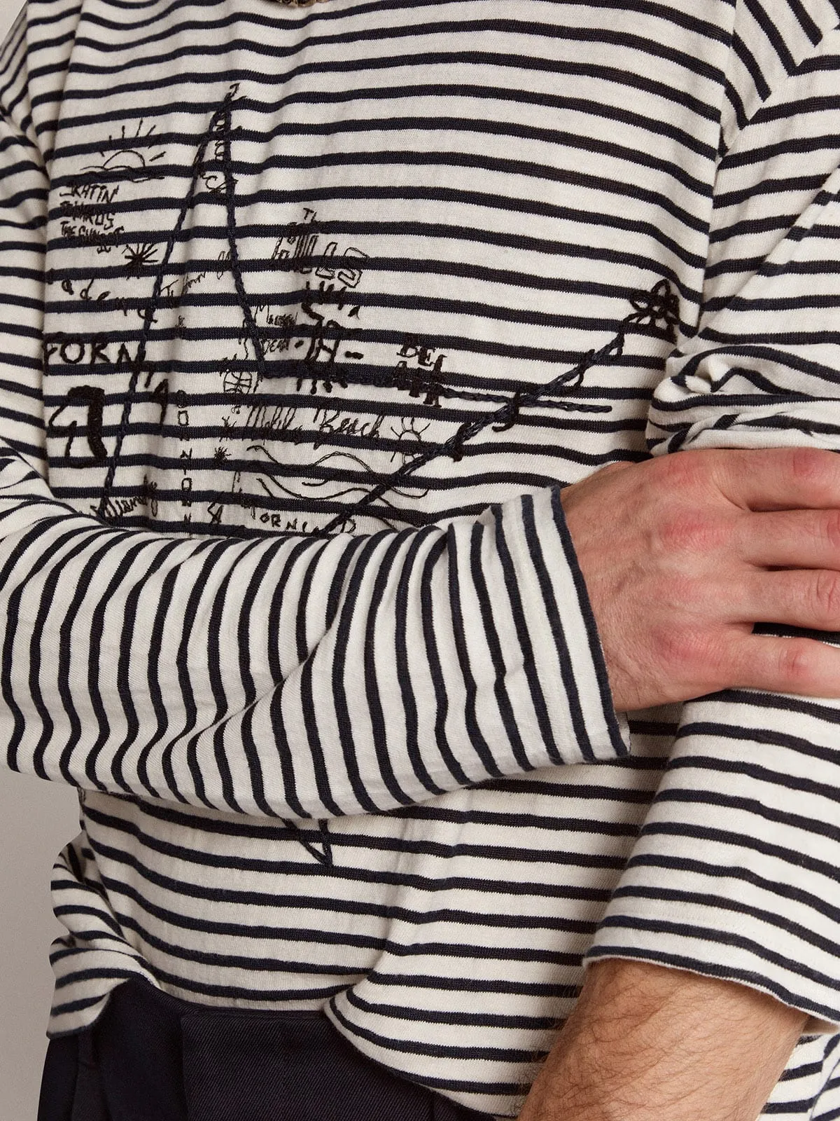 Men's T-shirt with white and blue stripes and embroidery on the front