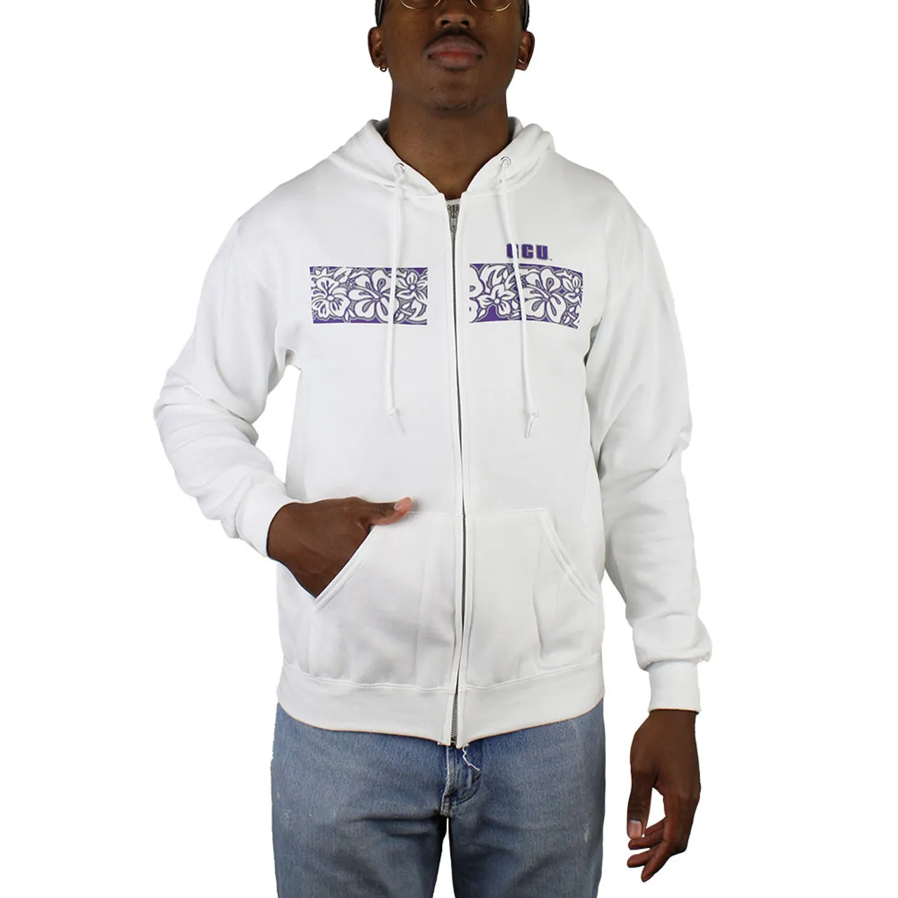 Men's White GCU Hibiscus Flowers Full Zip