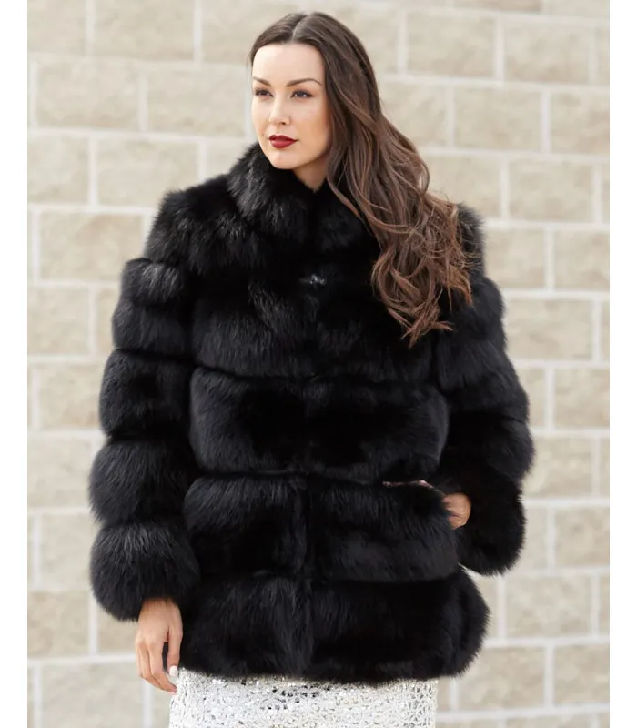 Mira Tiered Black Fox Fur Coat: FurHatWorld.com