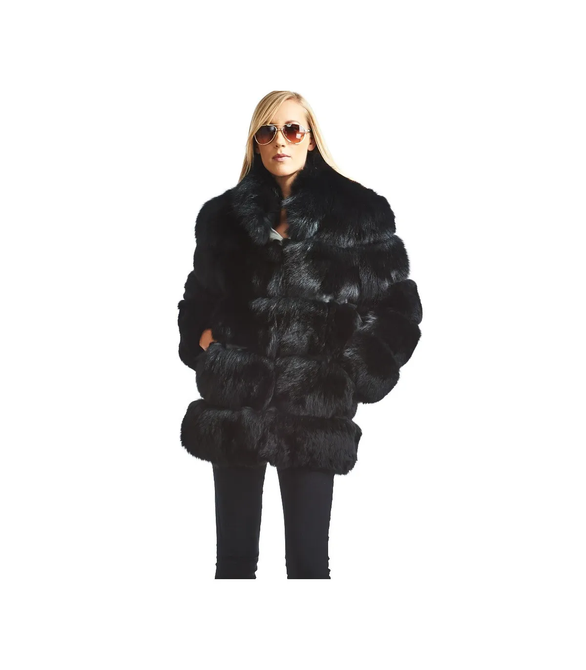 Mira Tiered Black Fox Fur Coat: FurHatWorld.com