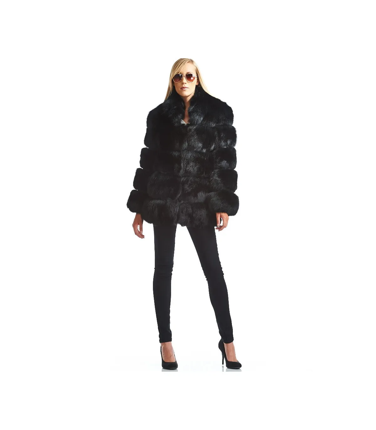 Mira Tiered Black Fox Fur Coat: FurHatWorld.com