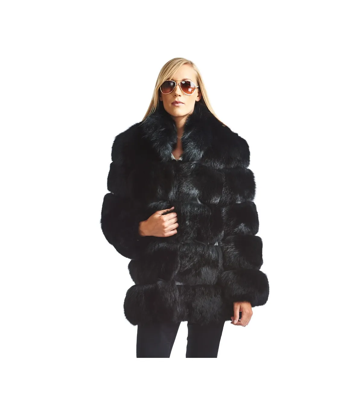 Mira Tiered Black Fox Fur Coat: FurHatWorld.com