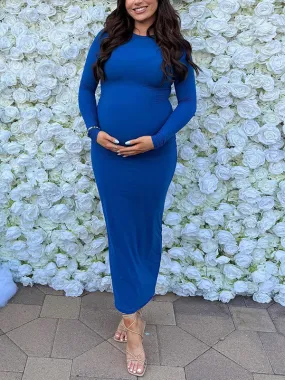 Momnfancy Elegant Fashion Blue Bodycon Solid Color Daily Casual Babyshower Maternity Maxi Dress