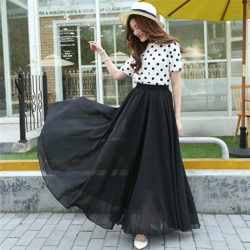 New Summer Bohemia Women Stretch High Waist Solid Chiffon Long Beach Maxi Skirt