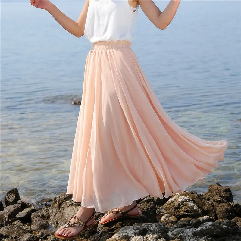 New Summer Bohemia Women Stretch High Waist Solid Chiffon Long Beach Maxi Skirt