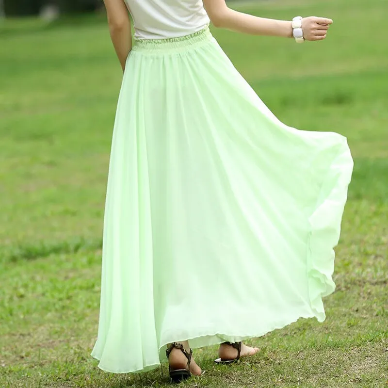 New Summer Bohemia Women Stretch High Waist Solid Chiffon Long Beach Maxi Skirt