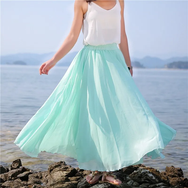 New Summer Bohemia Women Stretch High Waist Solid Chiffon Long Beach Maxi Skirt