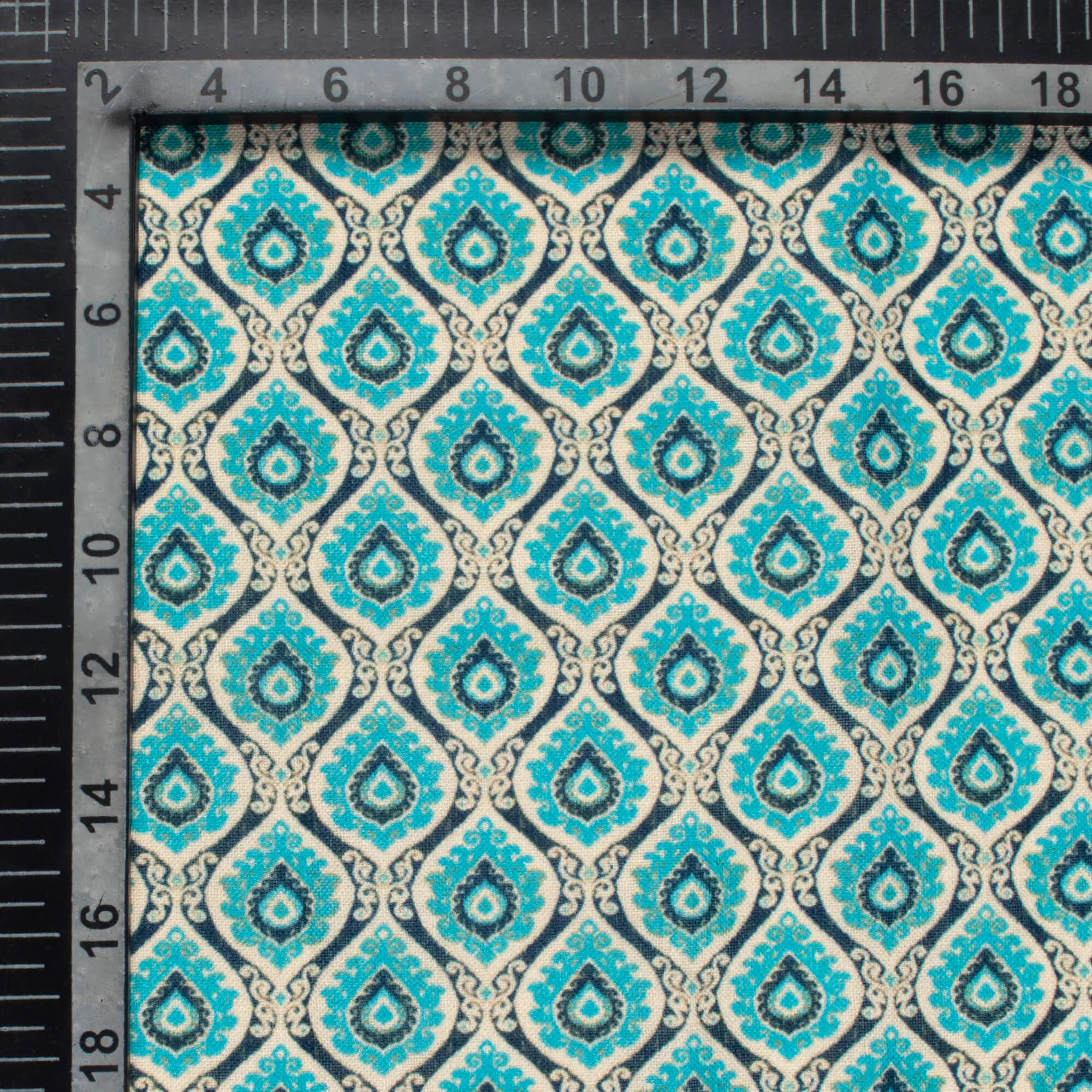 Off White And Sky Blue Trellis Pattern Digital Print Linen Textured Fabric (Width 56 Inches)