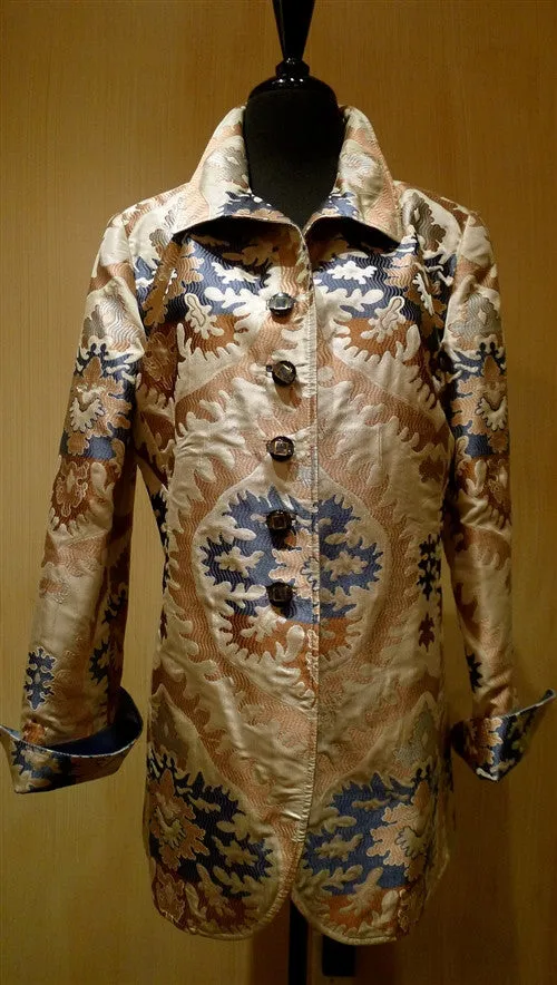 Quadrille Custom Blue and Tan Silk Damask Dress Riding Jacket