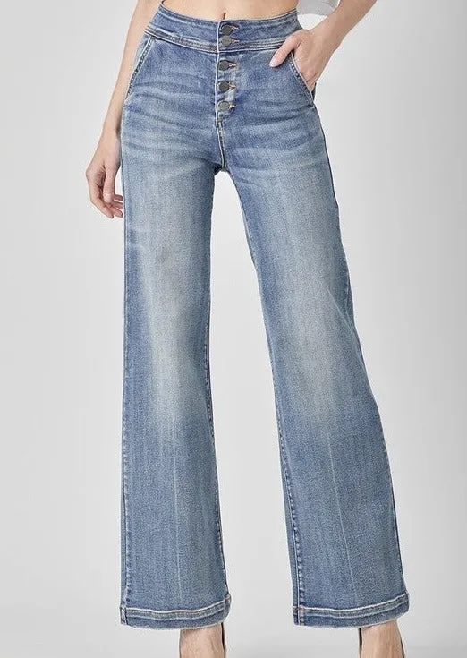 Risen Button Fly Wide Leg Jeans