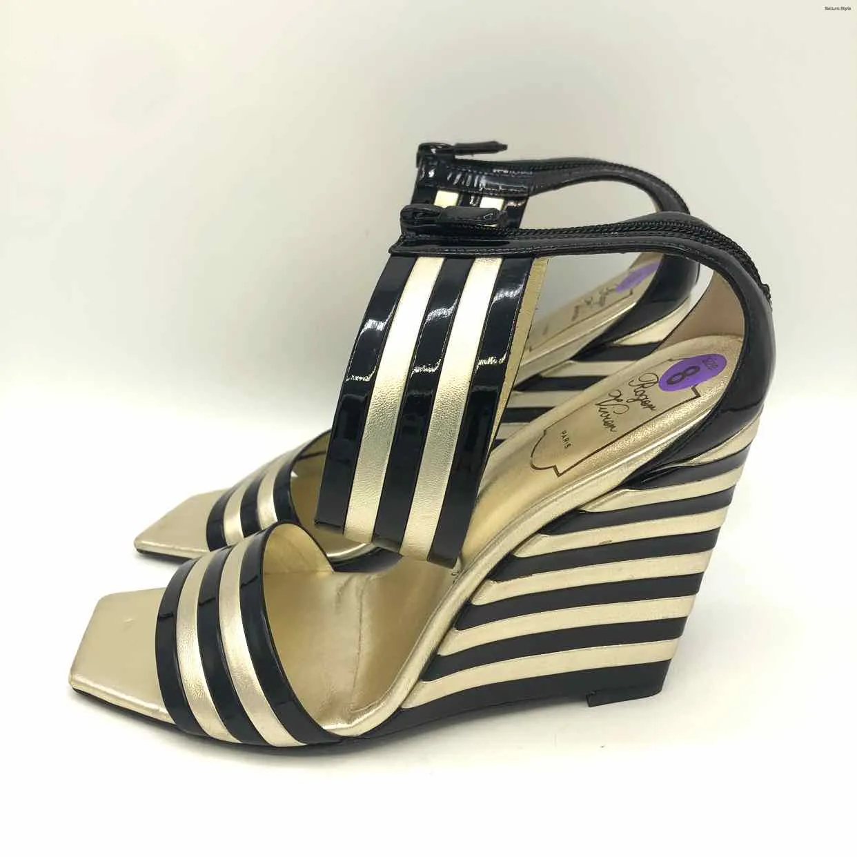 ROGER VIVIER Gold Black Leather Made in Italy Stripe 4 Wedge Shoes