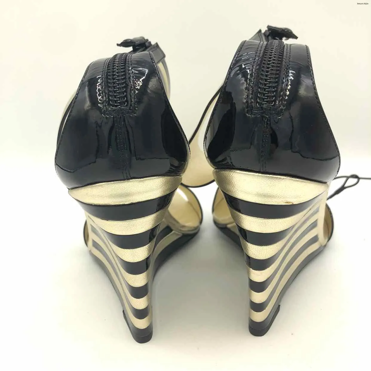 ROGER VIVIER Gold Black Leather Made in Italy Stripe 4 Wedge Shoes